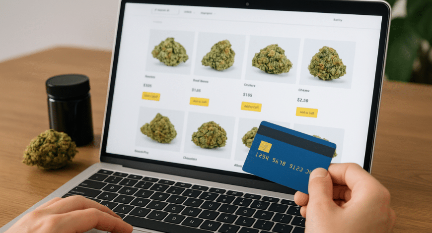 Person shopping for premium cannabis from an online weed store, showing how to buy bud online in Canada without leaving home
