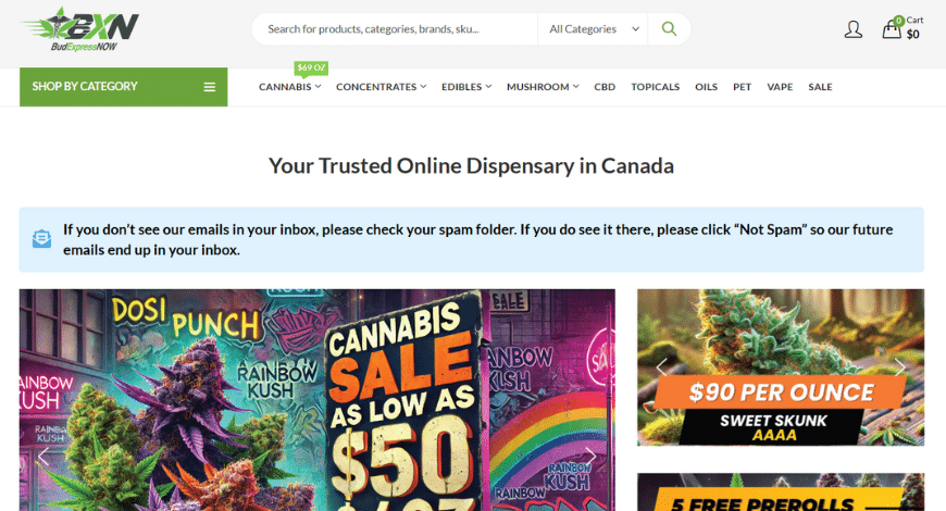 Bud Express Now displaying cannabis products and deals, representing leading cannabis sites in Canada