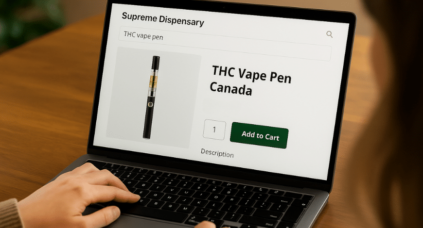 User shopping for a THC vape pen on Supreme Dispensary website, showcasing online purchase of the best THC vape pen in Canada