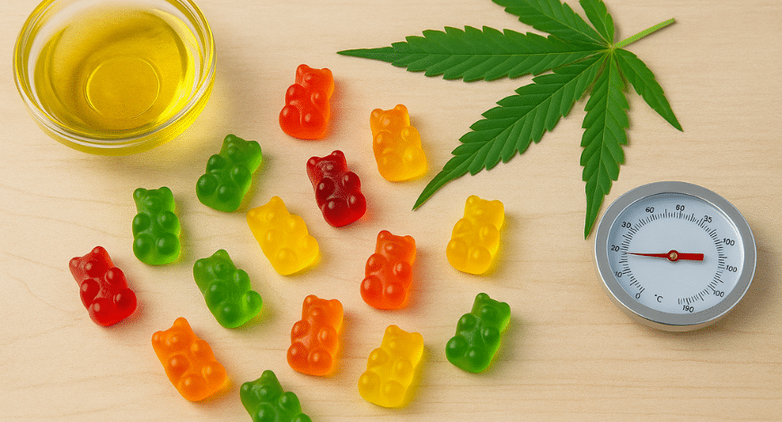 Cannabis gummy bears with THC symbols and ingredient icons, illustrating factors that influence the potency of cannabis edibles