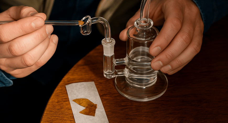 Dab rig setup with cannabis shatter, demonstrating how to smoke shatter using a traditional dab rig method