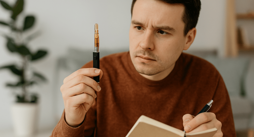 Man closely examining a THC vape pen while taking notes, symbolizing the decision-making process for choosing the best THC vape