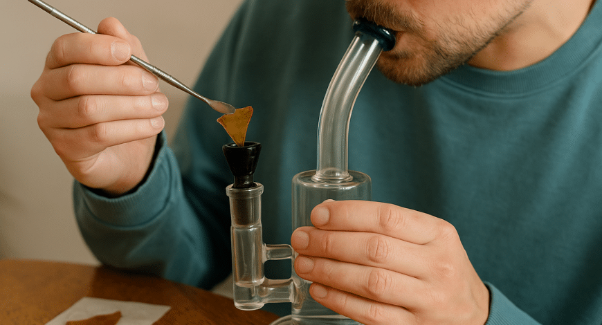 Glass bong with cannabis shatter and dab tool beside it, showing how to smoke shatter using a bong setup