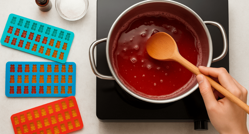 Cannabis-infused gummy mixture being poured into molds, demonstrating the process of making edible gummies at home
