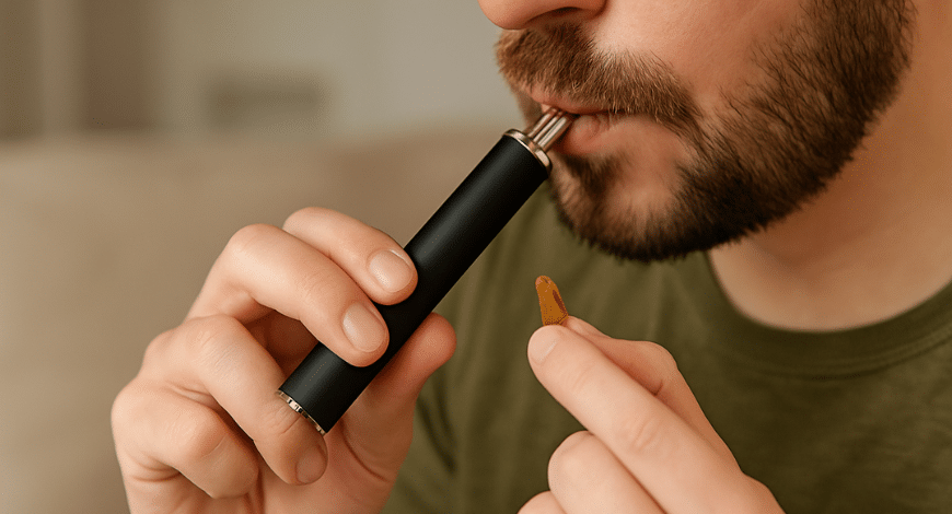 Vape pen with cannabis shatter beside it, illustrating how to smoke shatter using a vape device