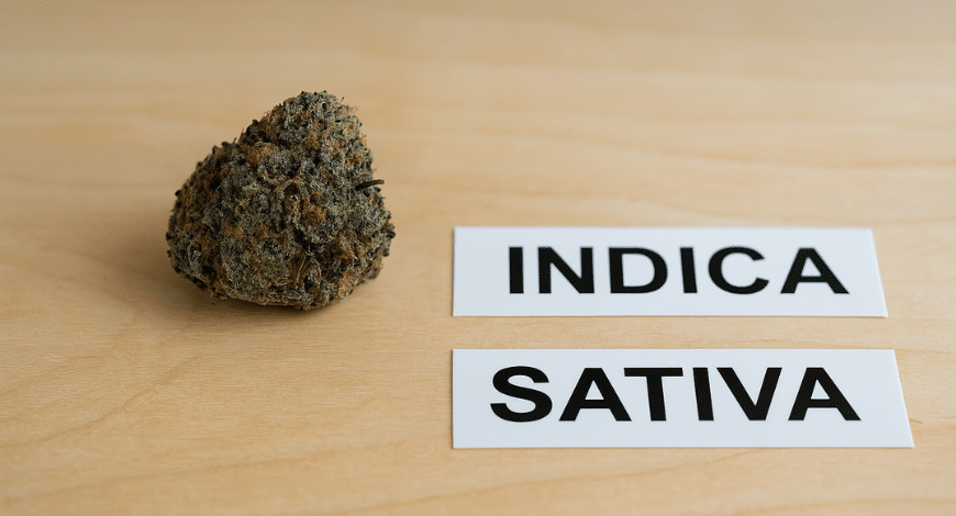 Tom Ford Pink Kush strain buds beside an indica label, clarifying its classification and relaxing effects