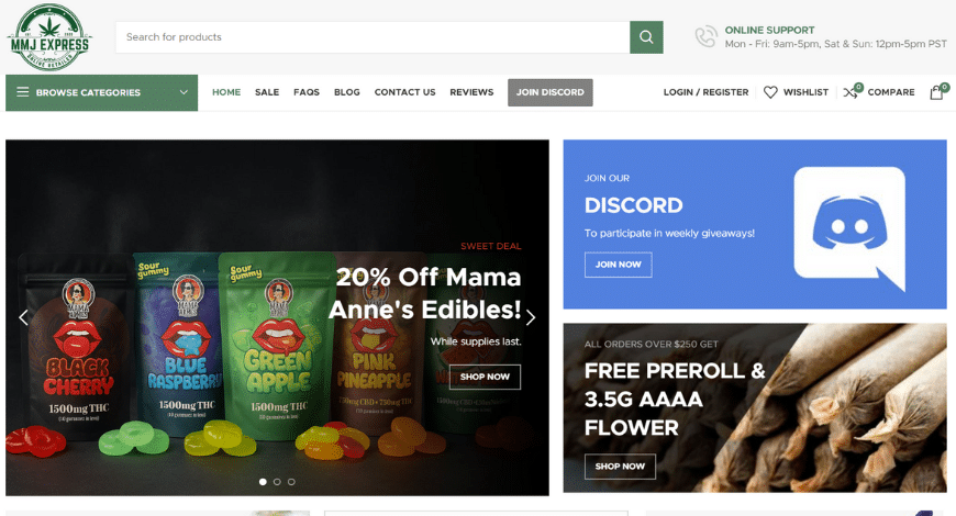 MMJ Express displaying cannabis products and featured deals, showcasing user-friendly cannabis sites