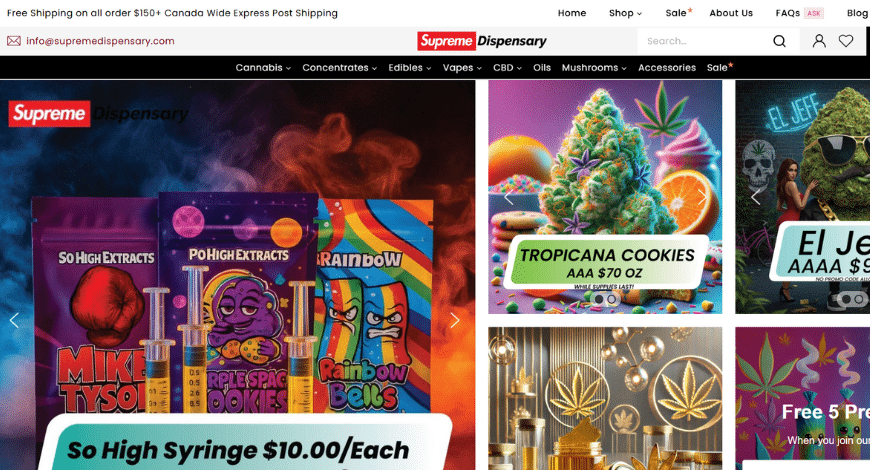 Homepage of Supreme Dispensary showcasing product variety and layout typical of top cannabis sites
