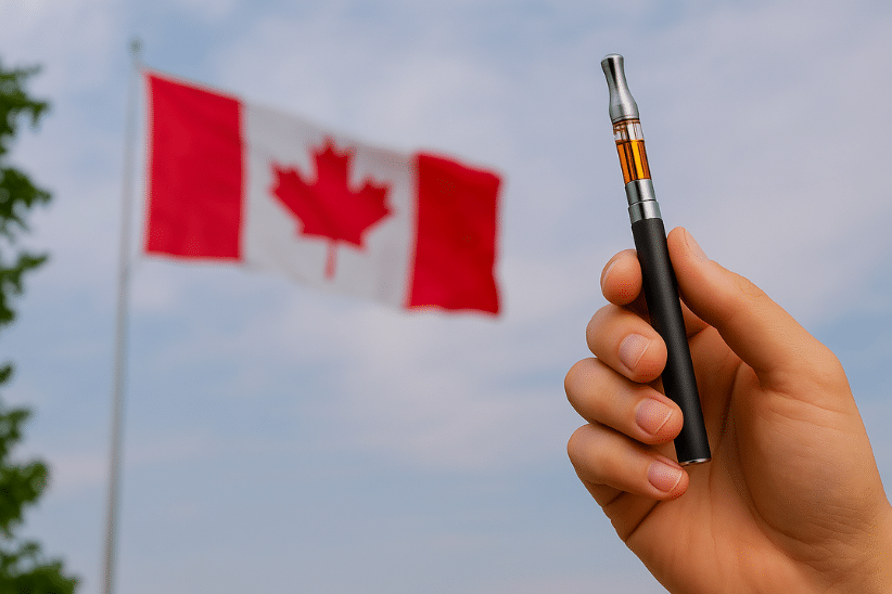 Hand holding a THC vape pen with the Canadian flag in the background, representing stealth and strength of vape pens in Canada