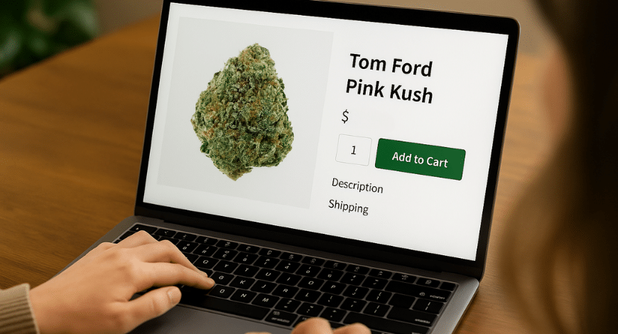 Tom Ford Pink Kush strain in packaging beside a laptop, representing how to buy weed online from a trusted online weed dispensary in Canada