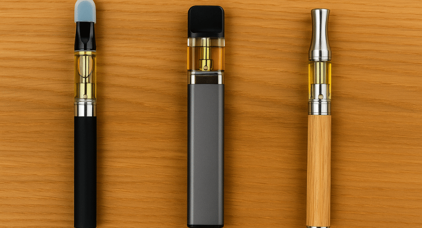 Three different types of THC vape pens displayed, showing variety available in Canada