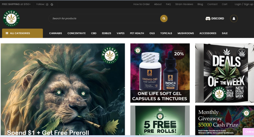 West Coast Cannabis featuring product categories and promotions, representing trusted cannabis sites