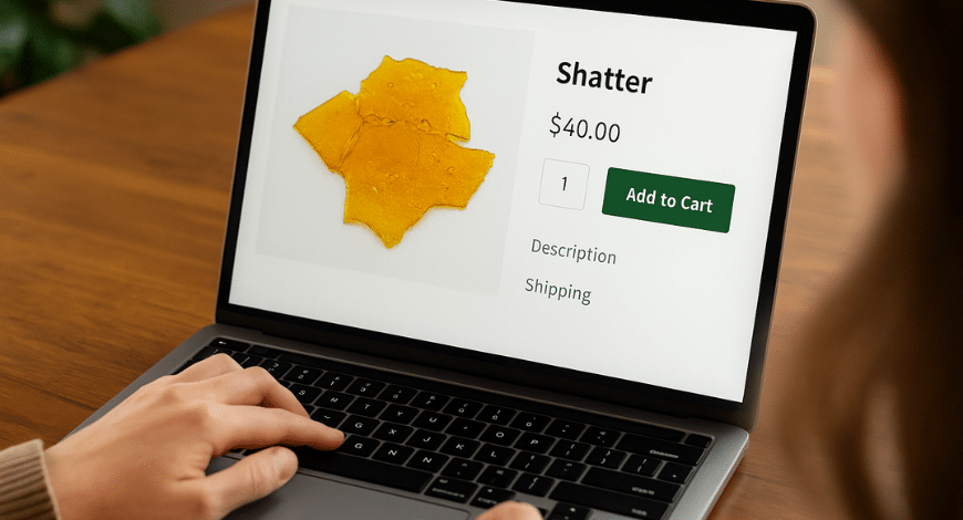Person browsing cannabis concentrates on a laptop, representing where to buy quality shatter online from trusted dispensary