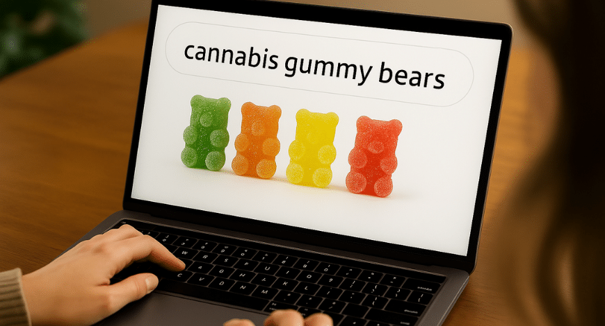 Packaged cannabis gummy bears beside a laptop, showing how to buy cannabis gummy bears online in Canada