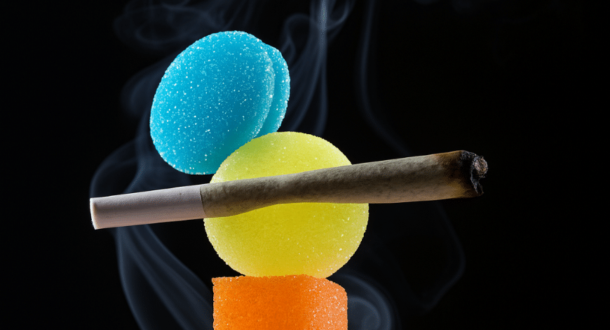 Cannabis gummy bears beside a crossed-out smoking icon, showing why many Canadians prefer edibles over smoking weed