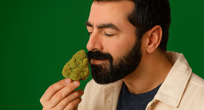 Man enjoying the aroma of a Green Crack cannabis bud, highlighting the strain’s distinct scent profile
