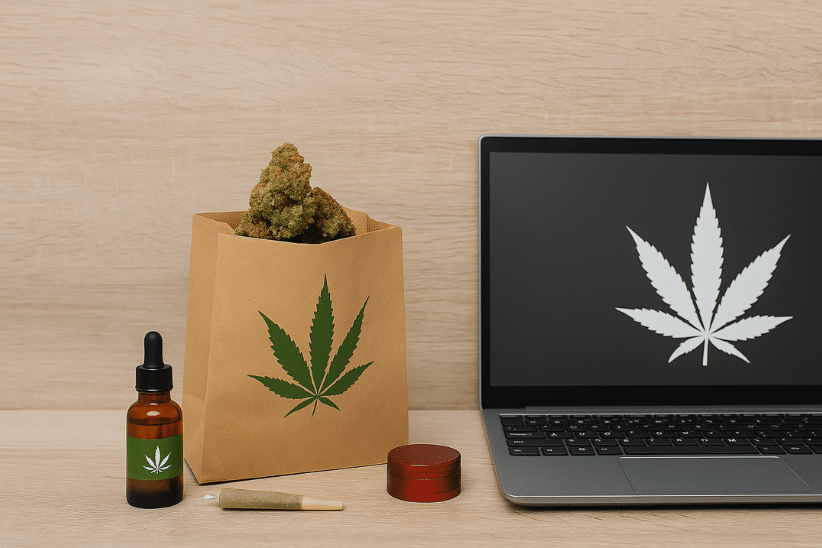 Paper bag with cannabis buds, oil tincture, and joint next to a laptop displaying a cannabis leaf—representing BC online weed shopping