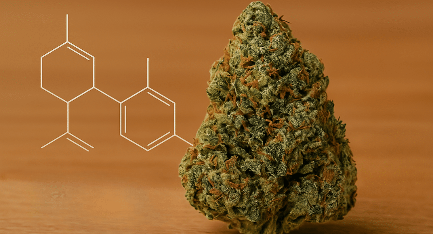 A Blue Cheese cannabis bud next to a molecular structure graphic, representing Blue Cheese strain genetics and origins