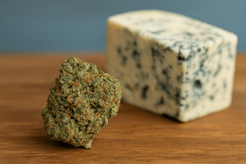 a Blue Cheese cannabis bud with a wedge of blue cheese in the background, representing a Blue Cheese strain review.
