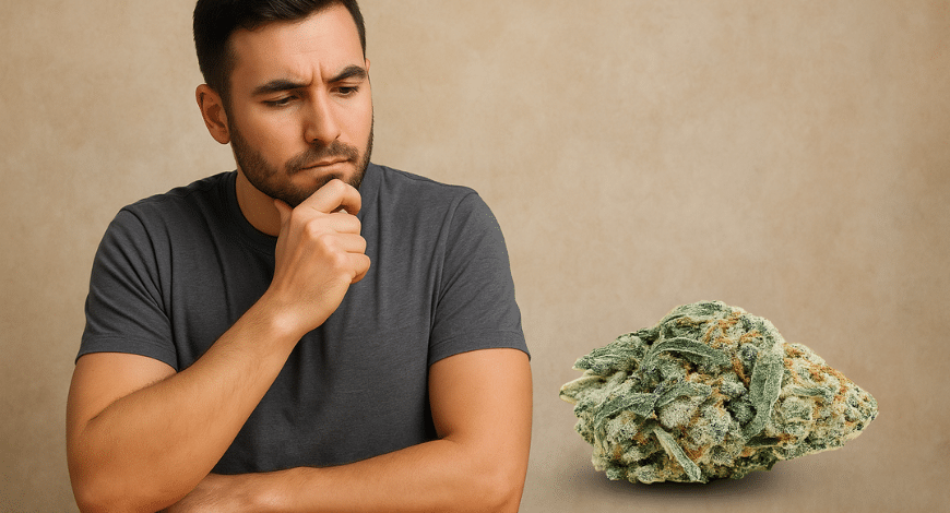 Man thoughtfully looking at a Blue Cheese cannabis bud, representing the review conclusion and questioning if the weed is worth it