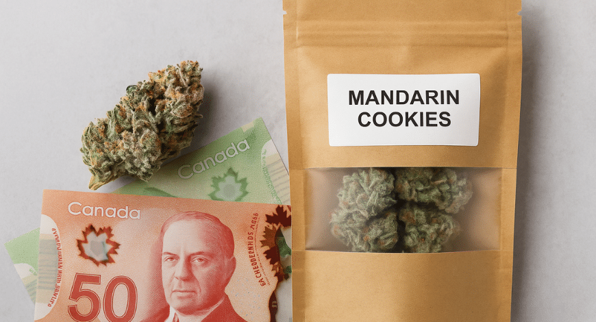 Mandarin Cookies strain in a labeled pouch with Canadian currency—highlighting cannabis purchase in Canada