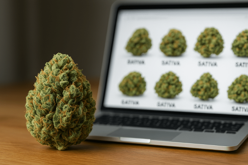 Large sativa cannabis bud placed beside a laptop screen displaying various sativa weed strains online