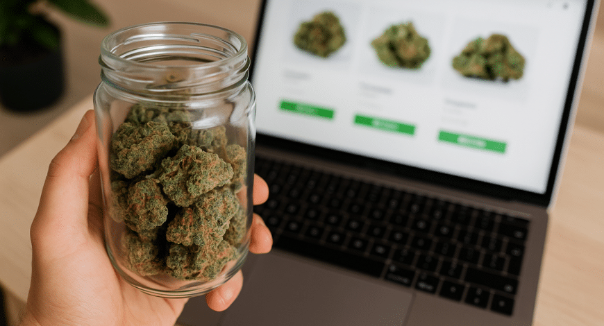 Person holding a jar of hybrid weed buds while browsing cannabis strains on an online dispensary website