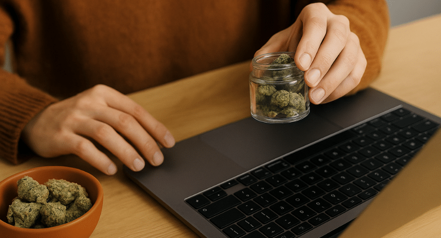 Person holding a jar of BC bud over a laptop keyboard, symbolizing the process of buying cannabis online in Canada