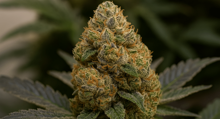 Close-up of dense, frosty cannabis bud with orange hairs and green leaves, showing traits of the Peanut Butter Breath strain