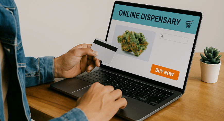 Person holding a credit card while browsing an online dispensary on a laptop, representing choosing a dispensary online in BC