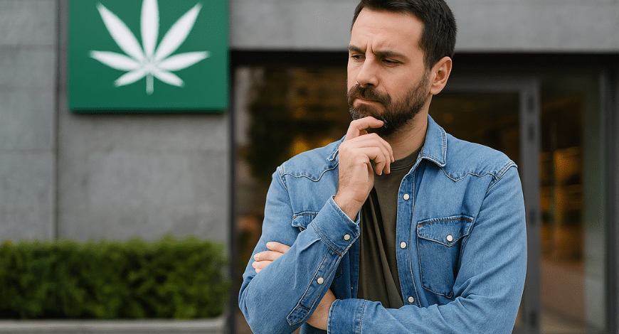 Man standing thoughtfully outside a cannabis dispensary, considering options for buying the right Green Crack weed strain