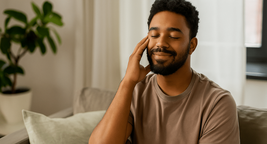 Man relaxing on a couch with eyes closed and a peaceful smile, representing the calming effects of hybrid weed strains