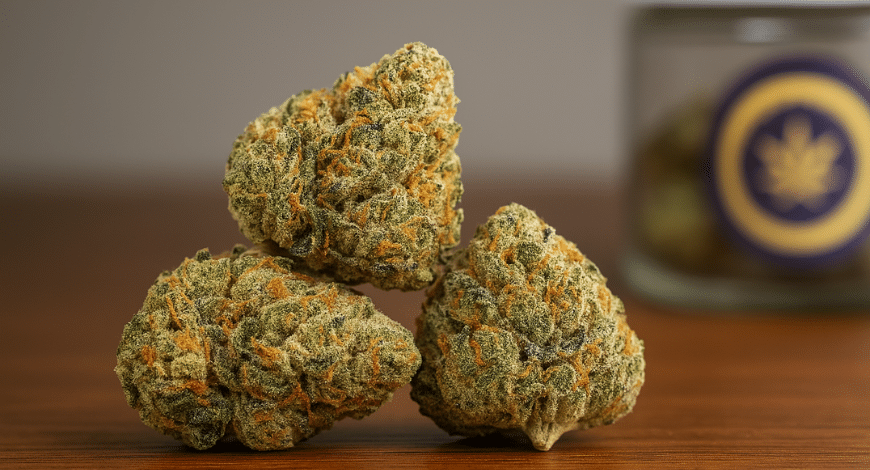 Close-up of three Do Si Dos cannabis buds stacked on a wooden surface with a jar in the background, highlighting their dense trichomes