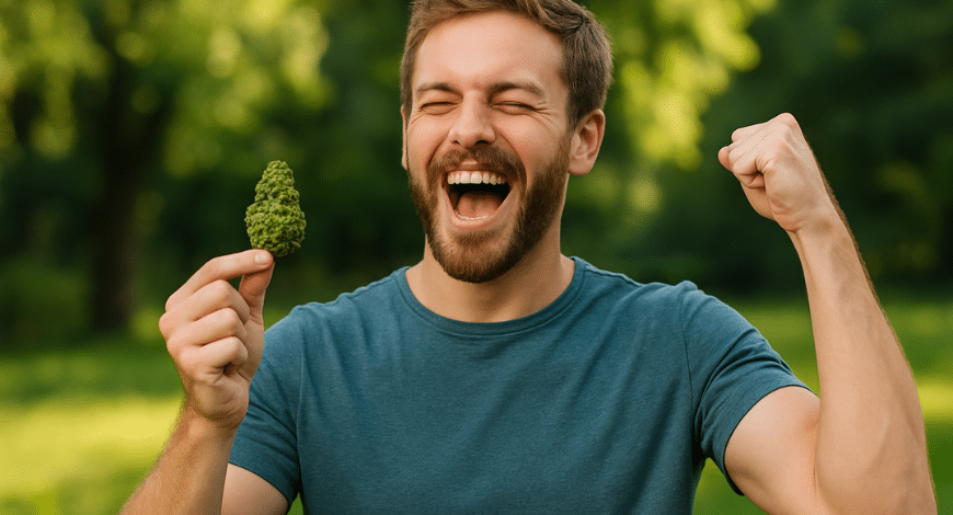 Excited man holding a Green Crack cannabis bud outdoors, celebrating the energizing effects of this powerful strain