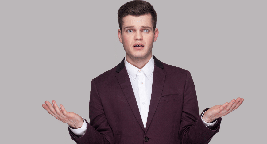 Man shrugging in confusion or curiosity, representing final thoughts on trying the weed strain