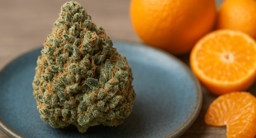 Mandarin Cookies strain bud on a plate beside fresh mandarins—showcasing citrus flavor and premium quality