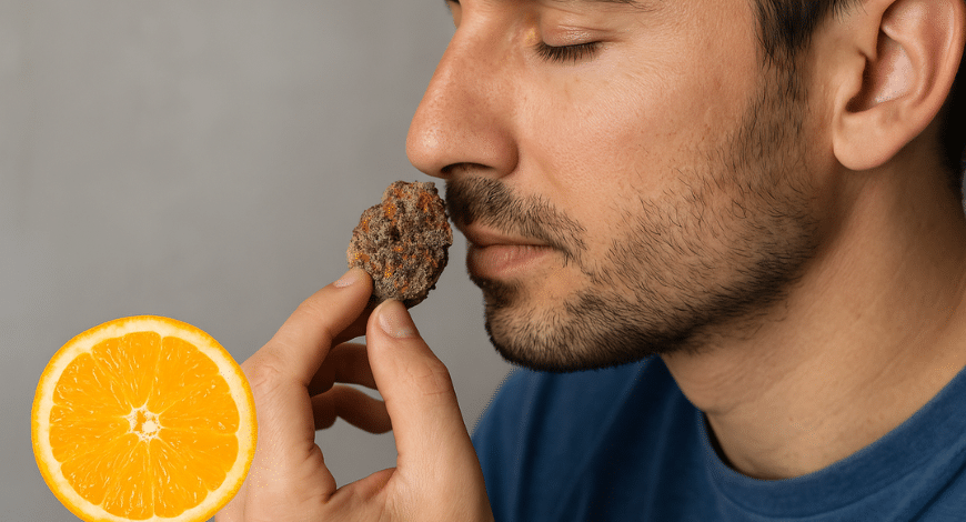 Man smelling a purple cannabis bud with a sliced orange in view, representing the flavour and aroma profile of the strain