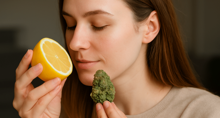 Woman enjoying the aroma of a lemon and cannabis bud, illustrating Lemon Kush’s citrusy flavor profile