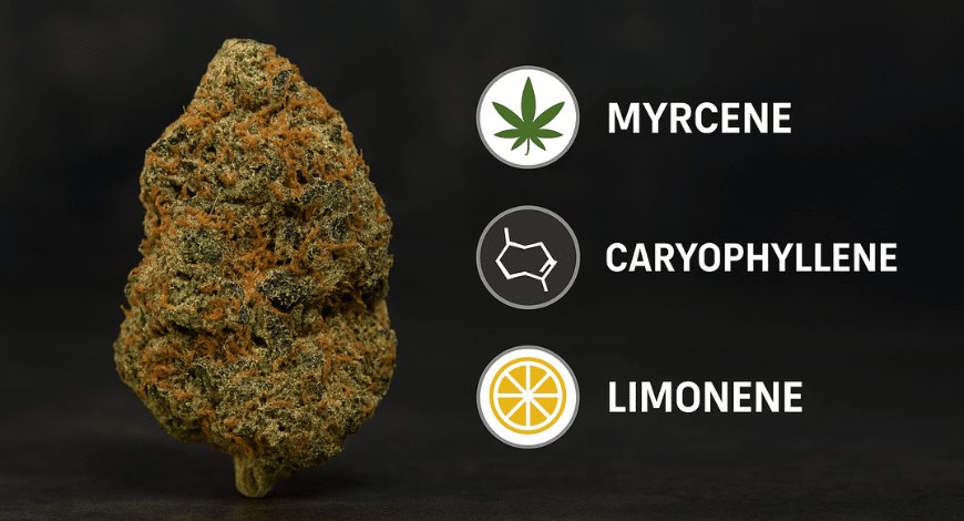 A Gas Mask cannabis bud with labeled terpenes: Myrcene, Caryophyllene, and Limonene, showing its aromatic profile