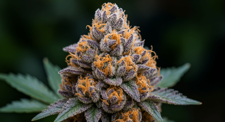 Close-up of a vibrant hybrid weed Gelato bud with purple hues, orange pistils, and frosty trichomes, highlighting its potency