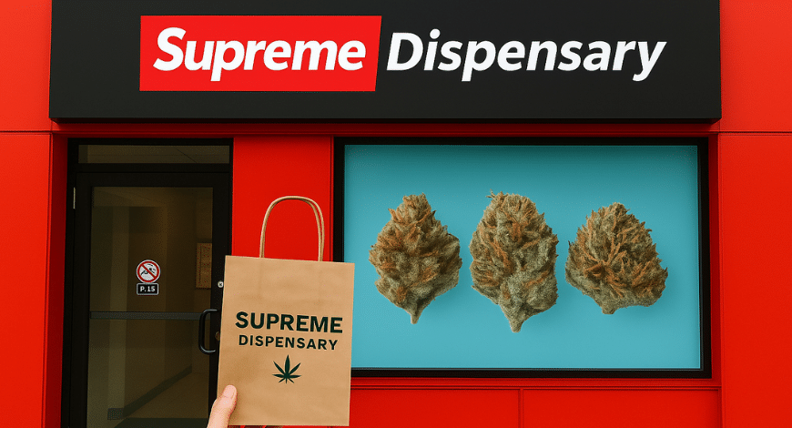 Customer holding a shopping bag outside Supreme Dispensary, with hybrid weed buds displayed in the storefront window