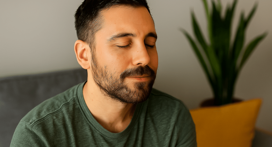 Man sitting calmly with closed eyes and a relaxed expression, illustrating the uplifting and focusing effects of Green Crack cannabis bud