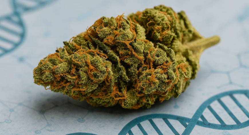 Green Crack cannabis bud resting on a background featuring DNA strand illustrations, symbolizing its genetic origin