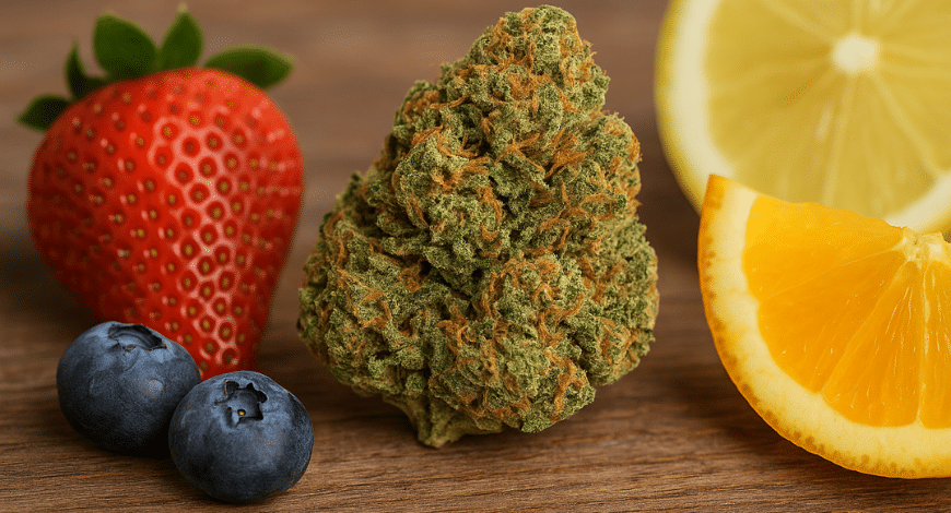 Green Crack cannabis bud surrounded by fruit, symbolizing its fruity terpene profile with notes of citrus, berry, and tropical flavors