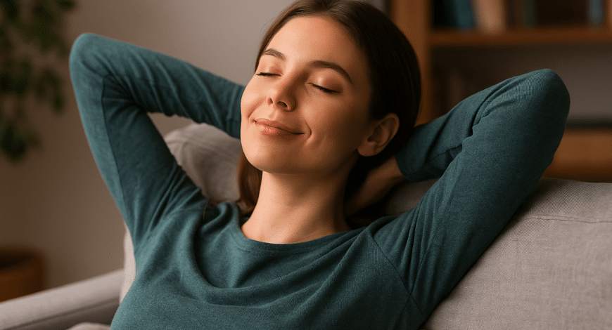 Woman relaxing with a content smile on a couch, illustrating the calming and euphoric effects of the Do Si Dos strain
