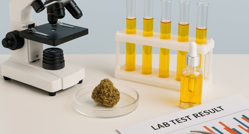 Cannabis bud and oil next to test tubes, microscope, and lab test results, representing lab-tested products and verified quality