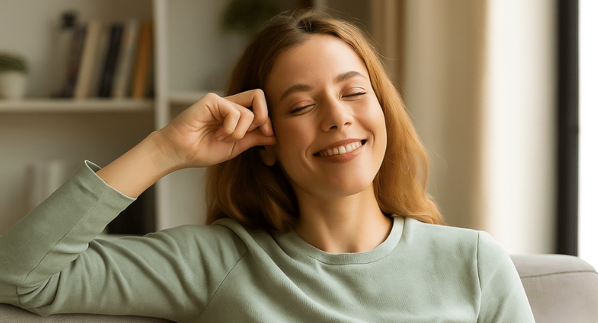 Relaxed woman smiling with eyes closed, representing the calming and uplifting effects of Lemon strain