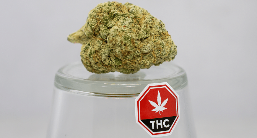 Lemon Kush cannabis bud on a glass jar labeled with a THC warning, indicating potency
