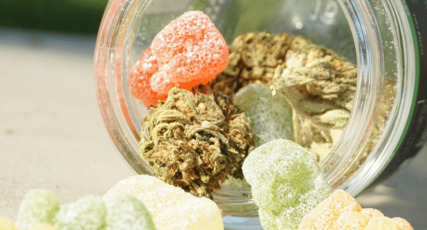 A mix of colorful cannabis gummies and dried buds spilling from a jar, representing a wide selection of strong edibles in Canada