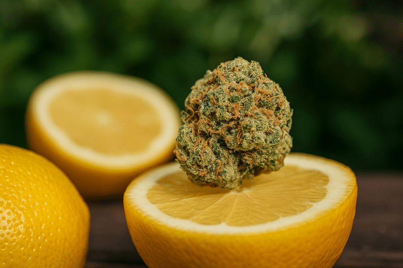 Lemon Kush cannabis bud resting on a halved lemon, suggesting a citrusy summer refresh